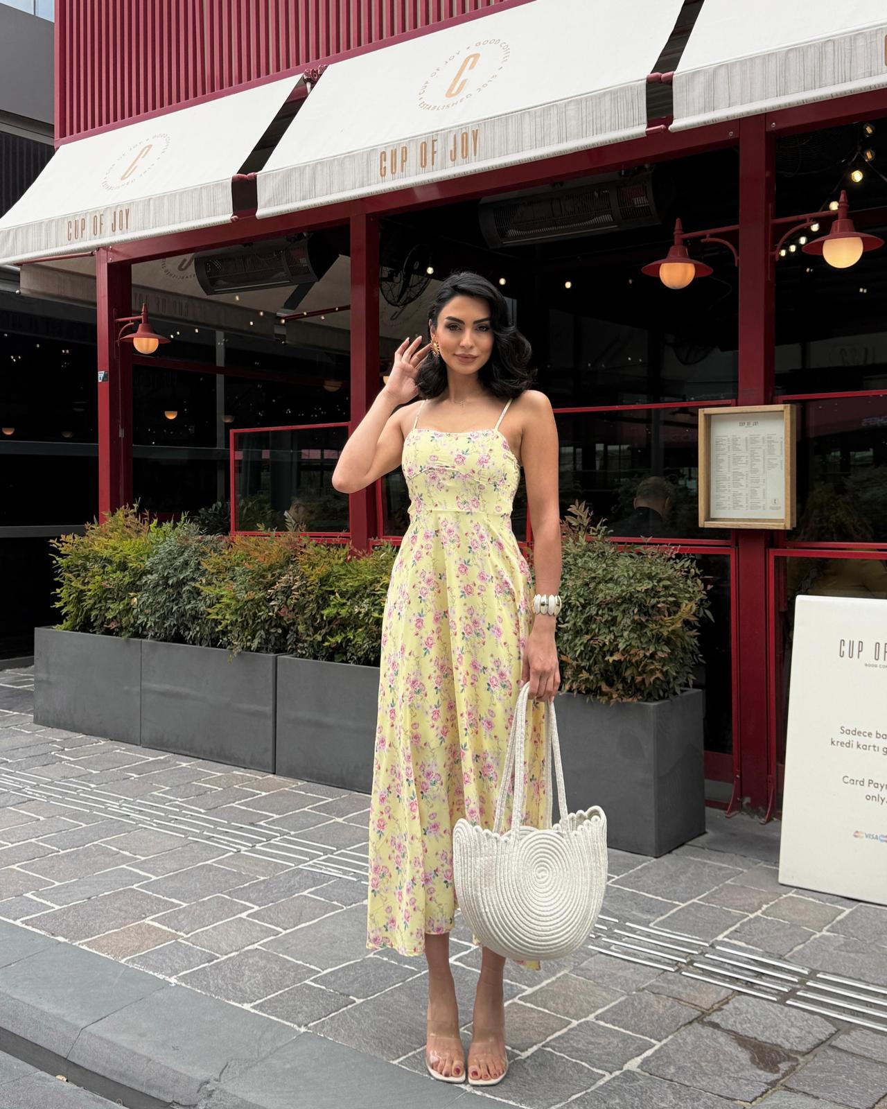 Çiçekli Maxi Elbise Sarı